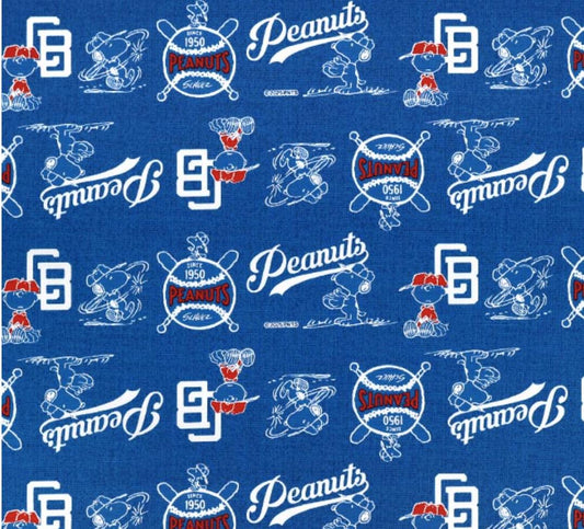 a repeating pattern of various Peanuts baseball-related graphics and text, including the iconic Peanuts logo, baseball bats, and baseball gloves, all set against a blue background.