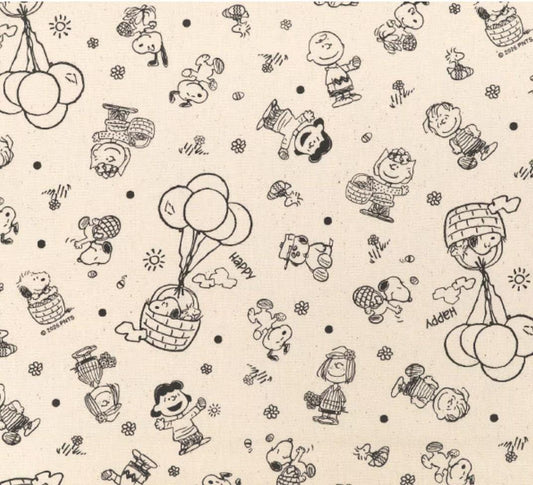 a repeating pattern of various cartoon characters, including Snoopy, Peanuts, and other iconic figures, along with elements such as balloons, flowers, and other decorative elements. The characters are depicted in a black and white style, creating a visually striking and nostalgic design.