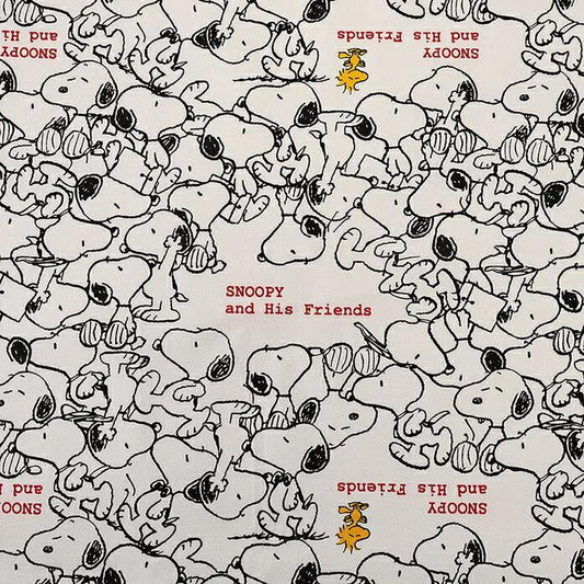 The image is a repeating pattern of various cartoon characters, including Snoopy, arranged in a grid-like layout. The characters are depicted in a stylized, black and white manner, creating a visually striking and playful design.