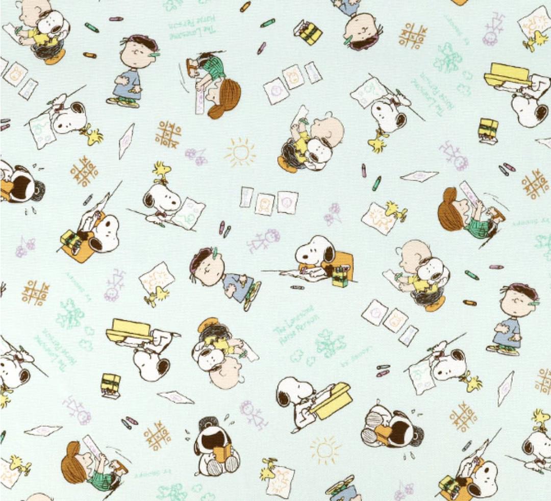 The image is a repeating pattern of various cartoon characters, including Snoopy, Woodstock, and other Peanuts characters, along with various objects and activities associated with them, such as pencils, books, and other school supplies.