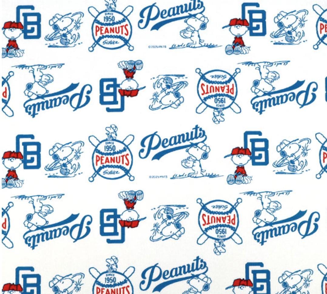 a repeating pattern of various Peanuts baseball-themed illustrations and logos, including characters, logos, and baseball equipment.