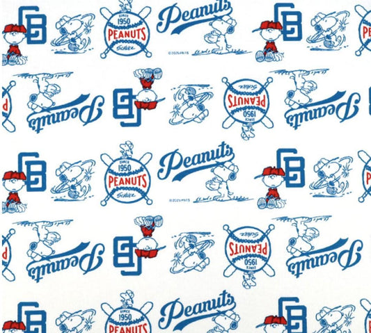 a repeating pattern of various Peanuts baseball-themed illustrations and logos, including characters, logos, and baseball equipment.