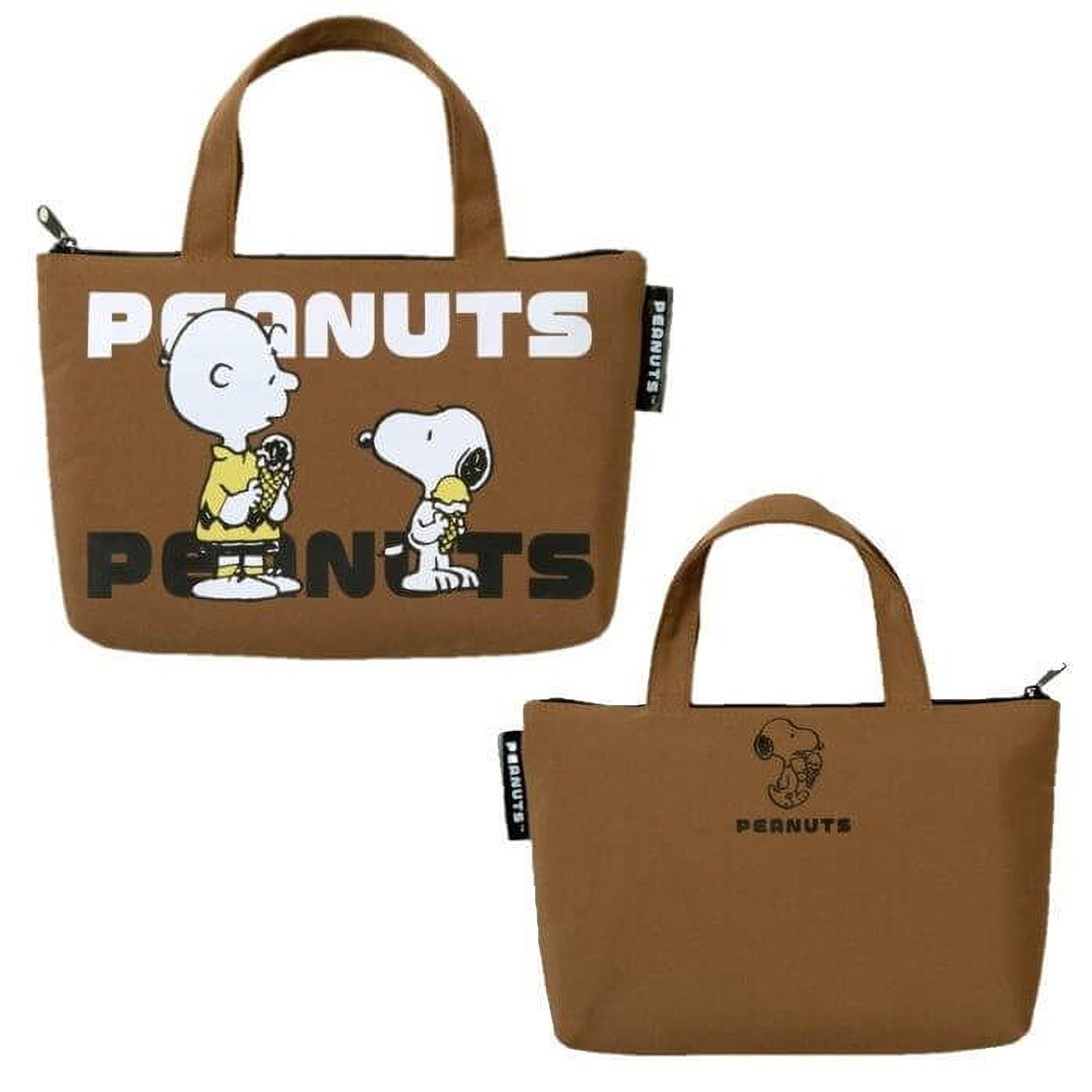 two brown tote bags with the Peanuts logo and cartoon characters from the Peanuts television series.