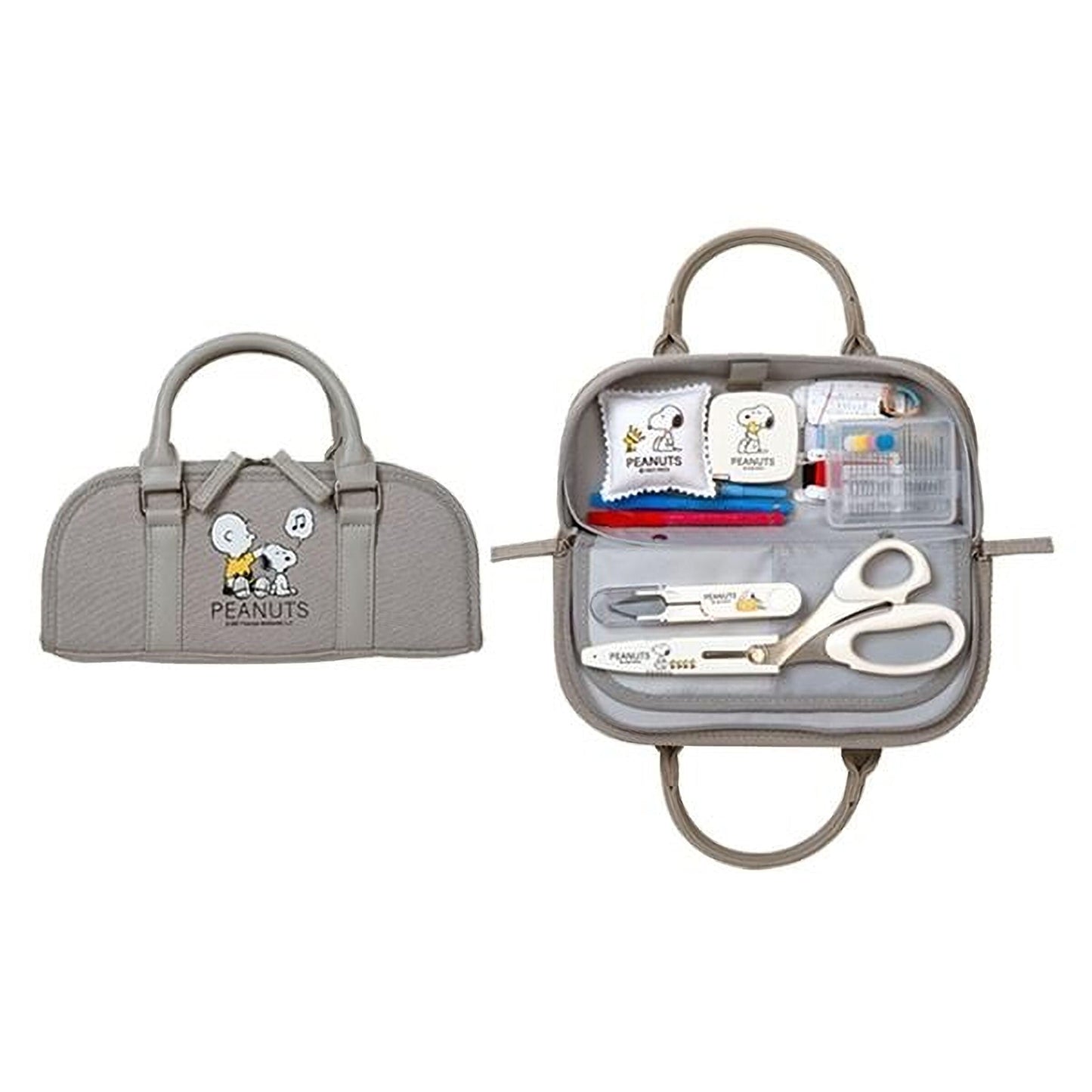 a gray handbag with a cartoon character design and a small sewing kit with various sewing tools, including scissors and a needle.