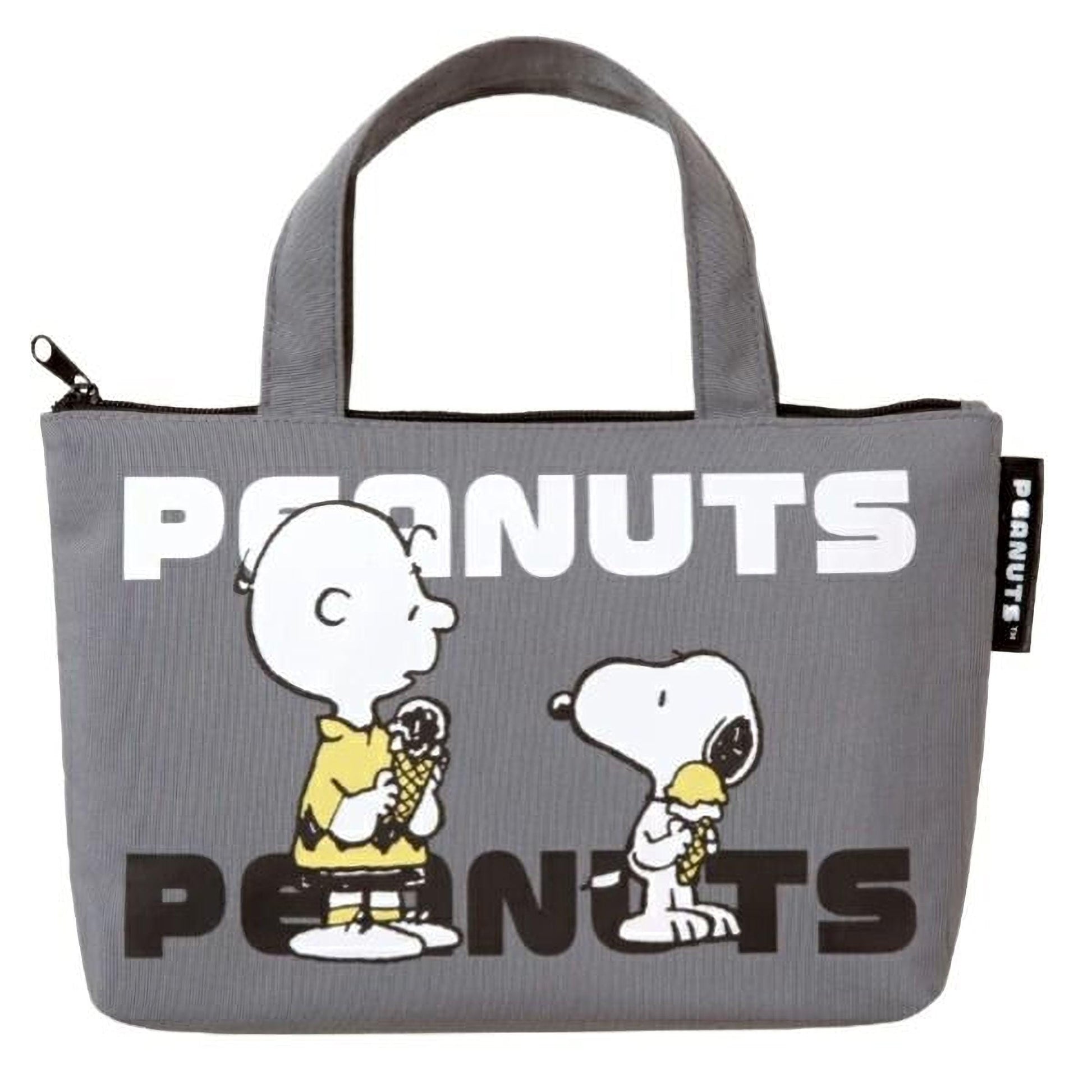 A gray tote bag featuring the characters Charlie Brown and Snoopy from the Peanuts comic strip, holding ice cream cones.