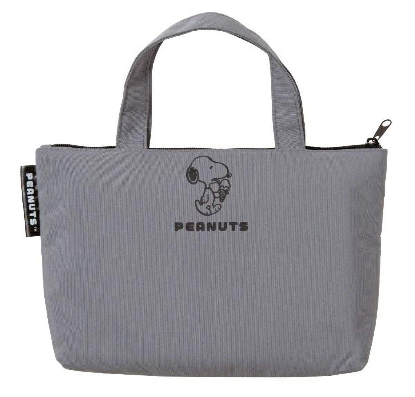 A gray tote bag with a Peanuts logo printed on it.