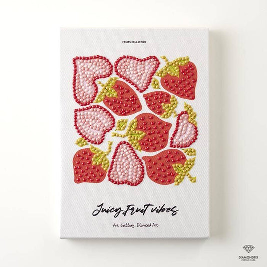 The image is a collage of various images featuring strawberries and hearts, with the text "Juicy Fruit Vibes" and "Art Gallery, Diamond Art" below the images.