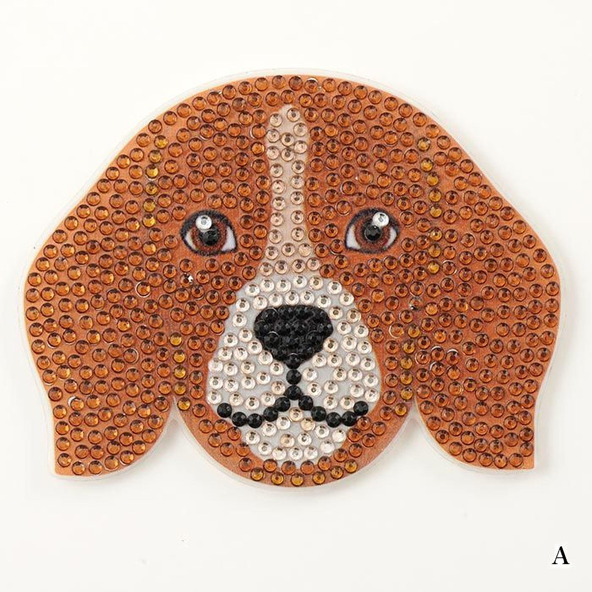 A close-up of a dog's head made of small, colorful beads or sequins.