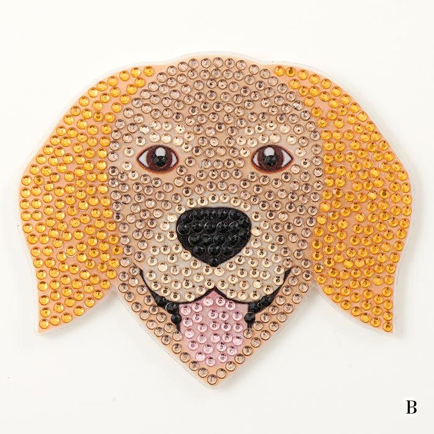A close-up of a dog's face made up of numerous small rhinestones or crystals, creating a sparkling and detailed appearance.