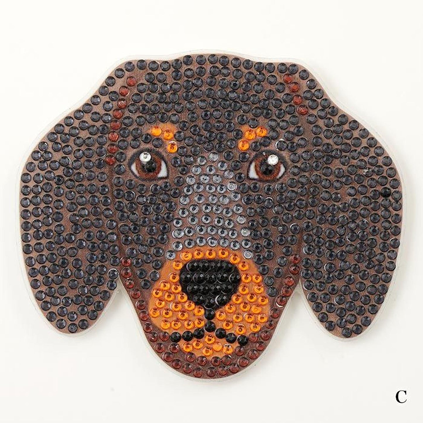 A close-up of a dog's head made up of small, colorful beads or buttons arranged in a pattern.
