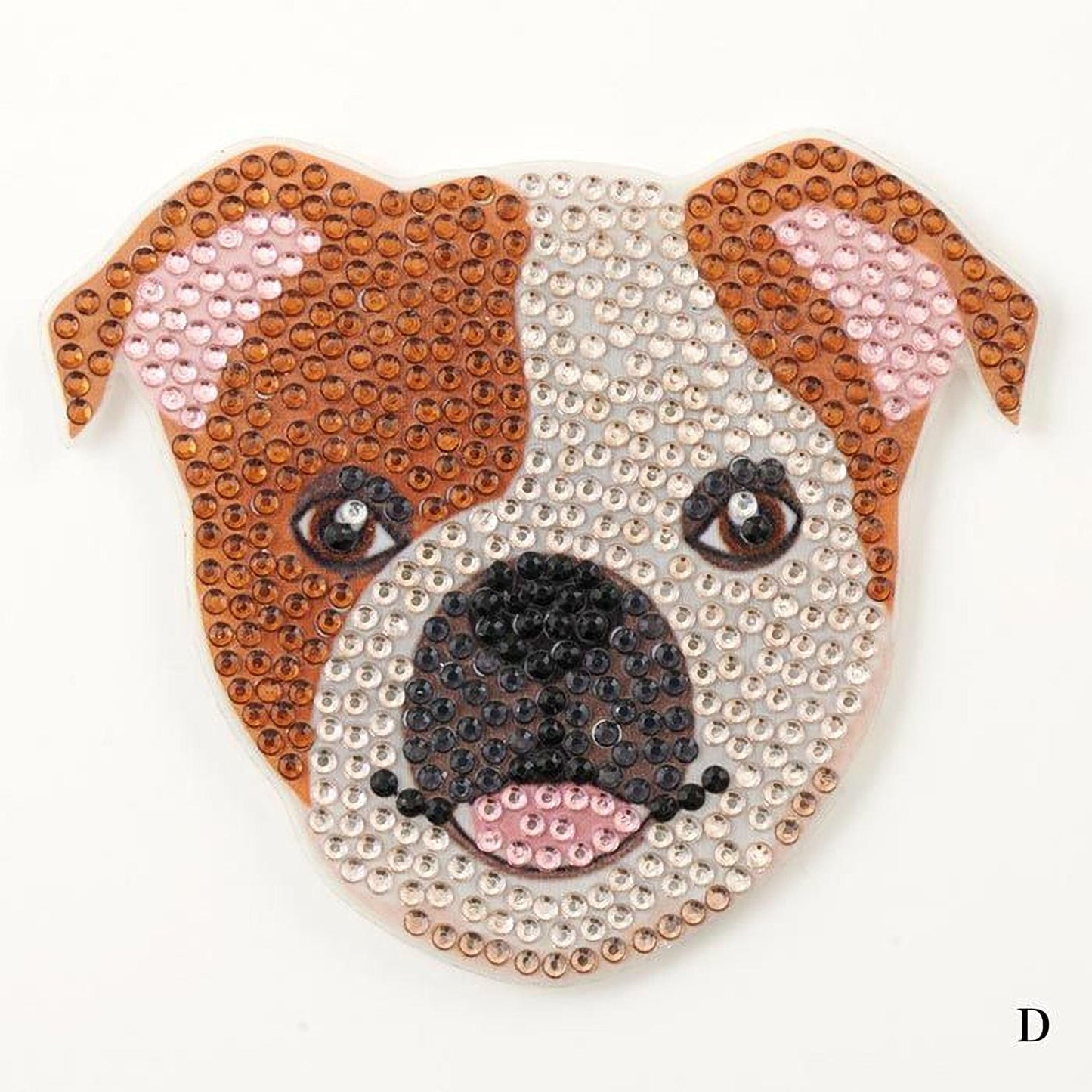 A close-up of a dog's face made up of small, round beads in various colors, including brown, white, and pink.