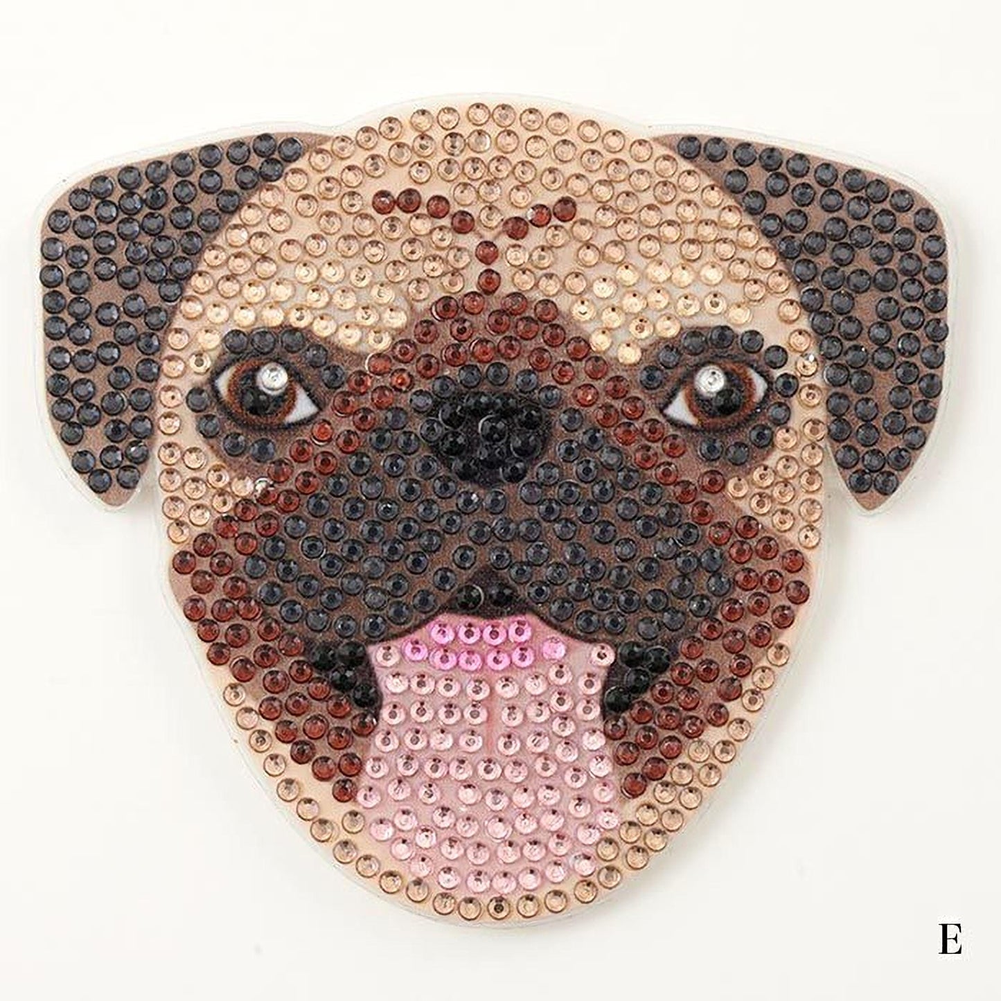 A collage of images depicting a pug dog's face, composed of small beads or sequins in various colors and shapes.