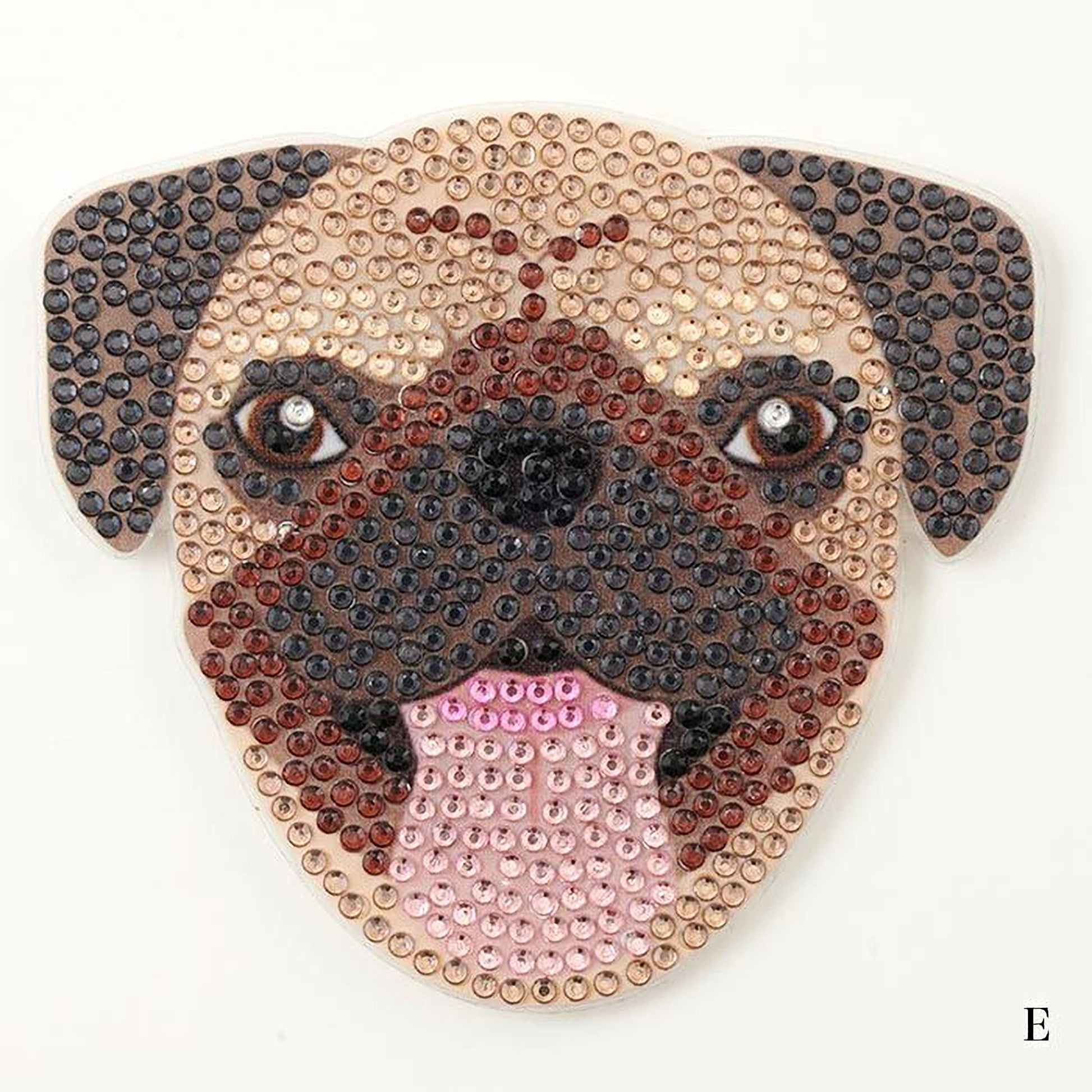 A collage of images depicting a pug dog's face, composed of small beads or sequins in various colors and shapes.