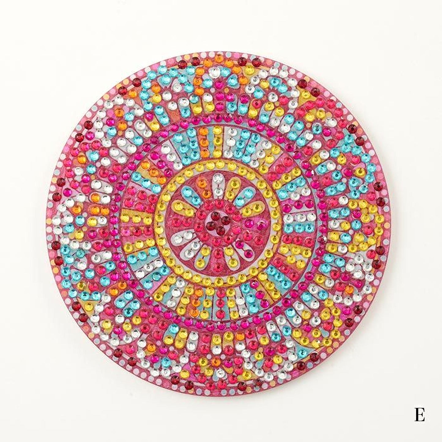 A colorful, circular design composed of various colored beads and sequins, creating a vibrant and intricate pattern.