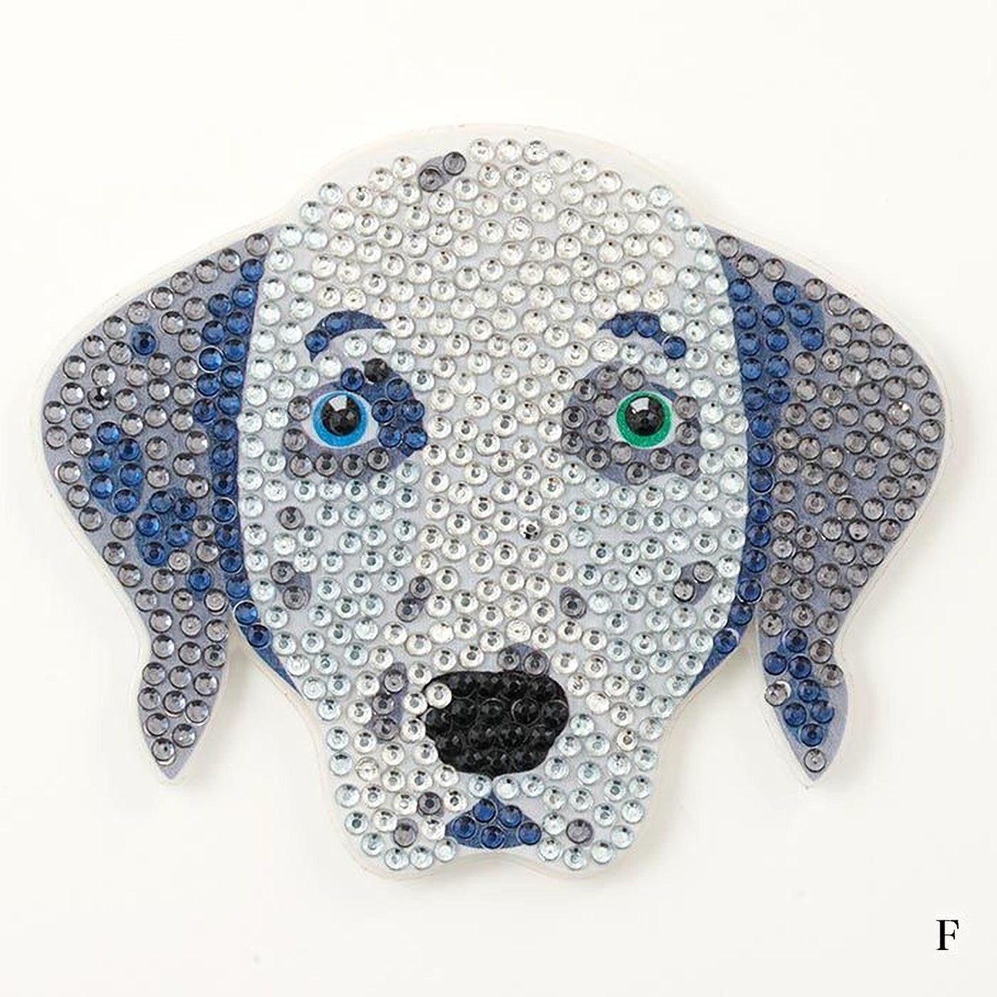 A close-up of a Dalmatian dog head made of small, clear rhinestones in various shades of gray, blue, and black.