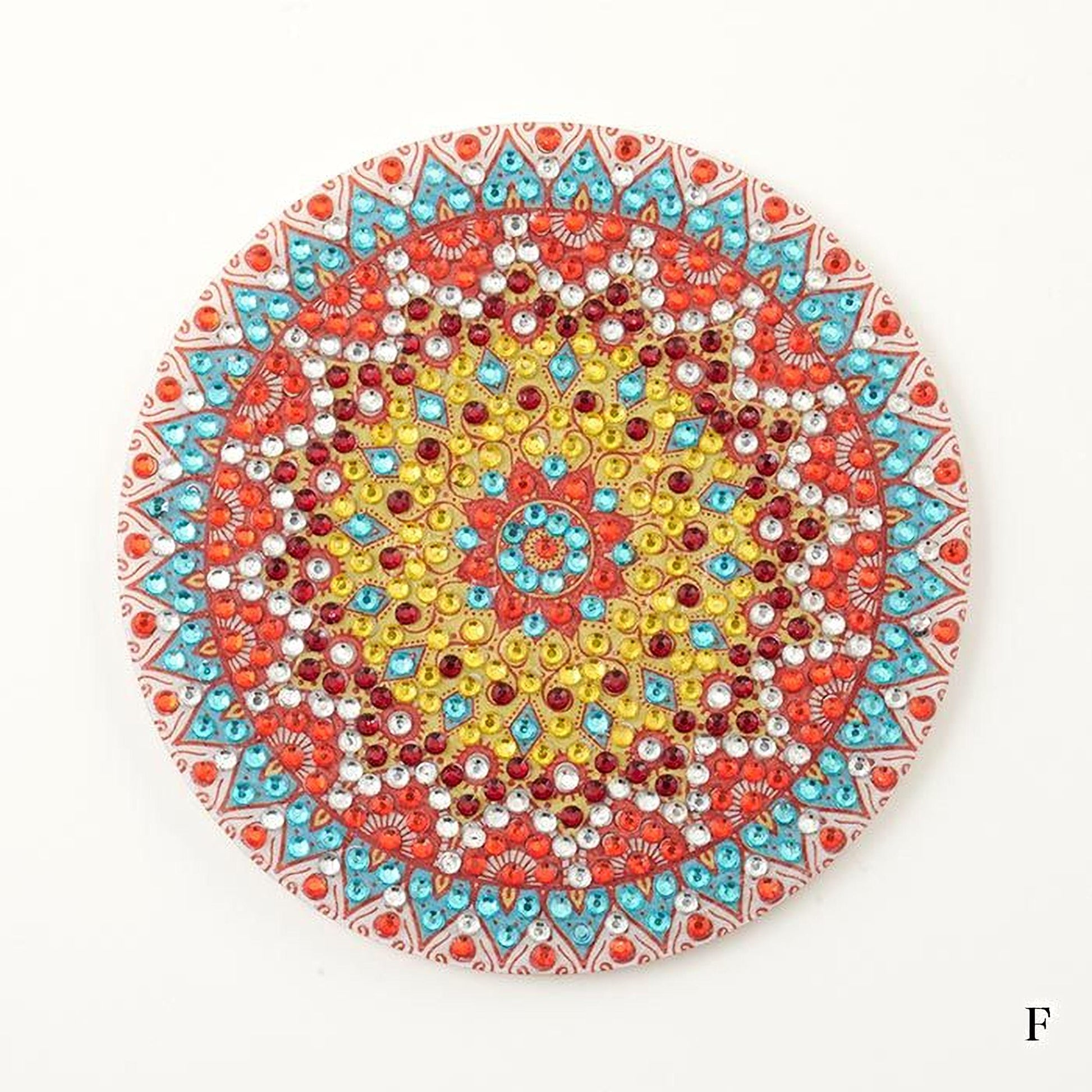 a vibrant, colorful mandala-like design composed of numerous small, multicolored beads arranged in a circular pattern.
