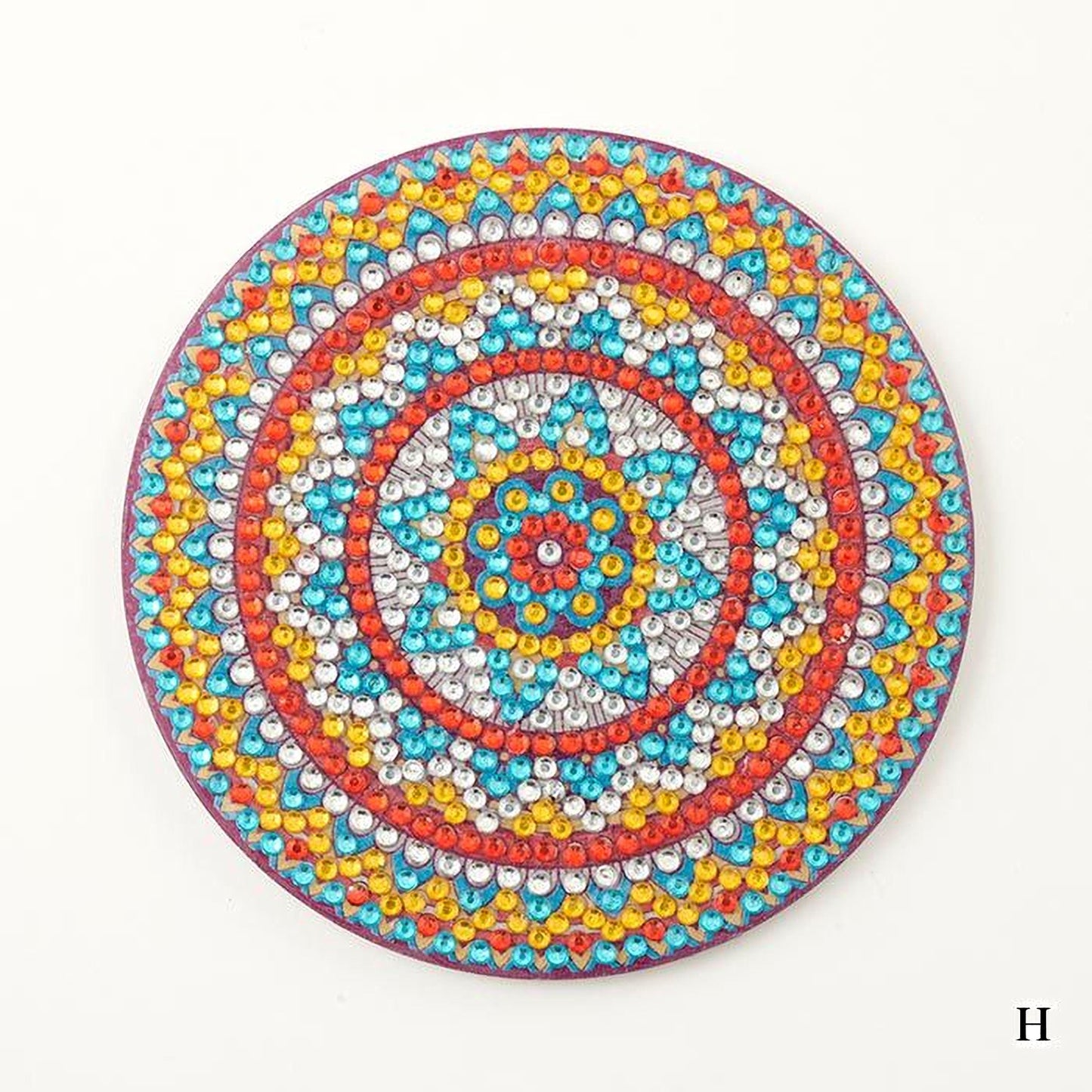 A colorful, circular design composed of various colored beads or sequins arranged in a circular pattern.