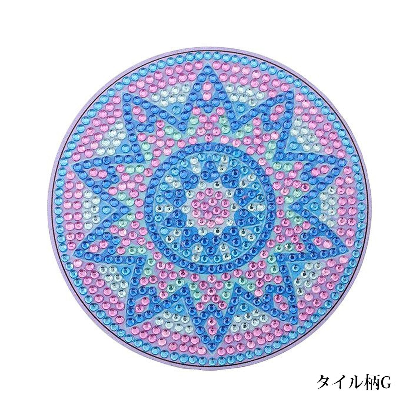 A circular design with a pattern of blue and pink diamonds, resembling a sun or star shape.