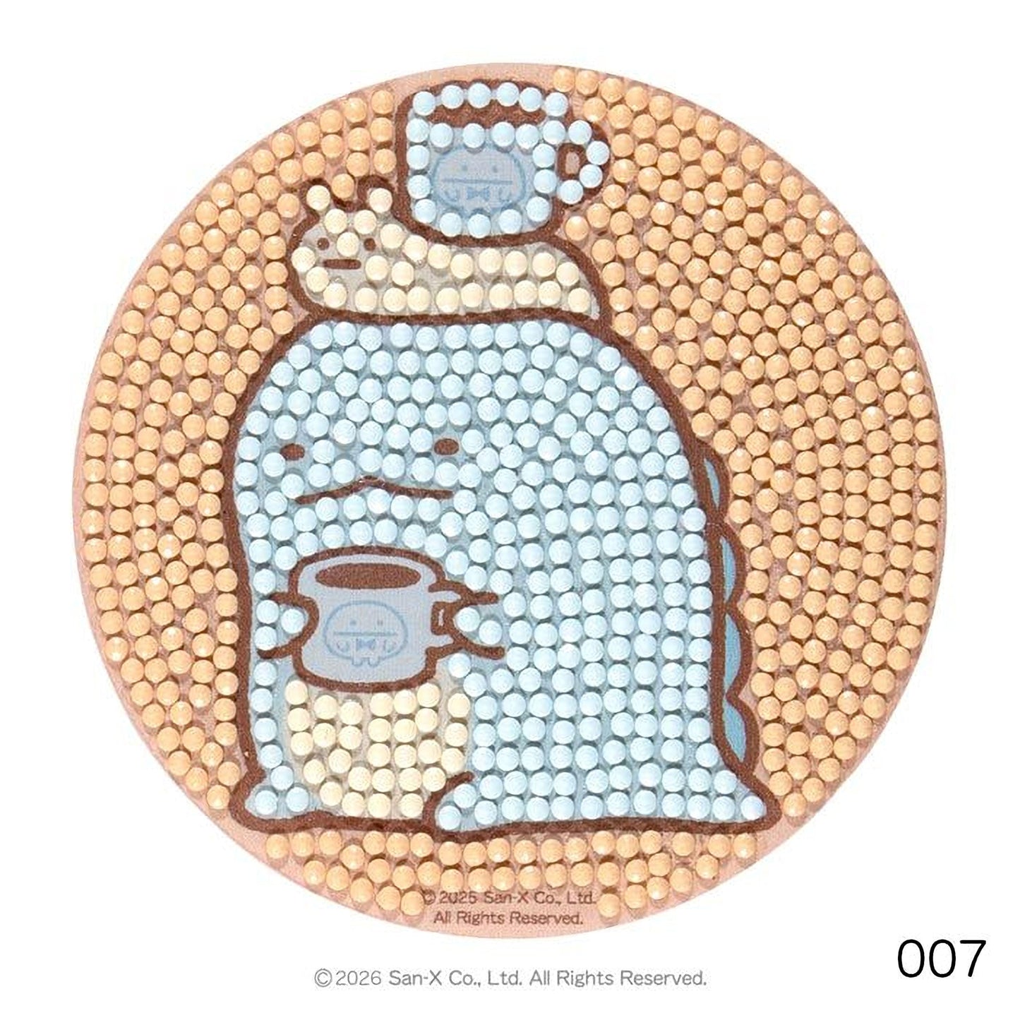 A circular mosaic-like design featuring a blue and white character holding a cup, surrounded by a pattern of small dots in various shades of orange and brown.