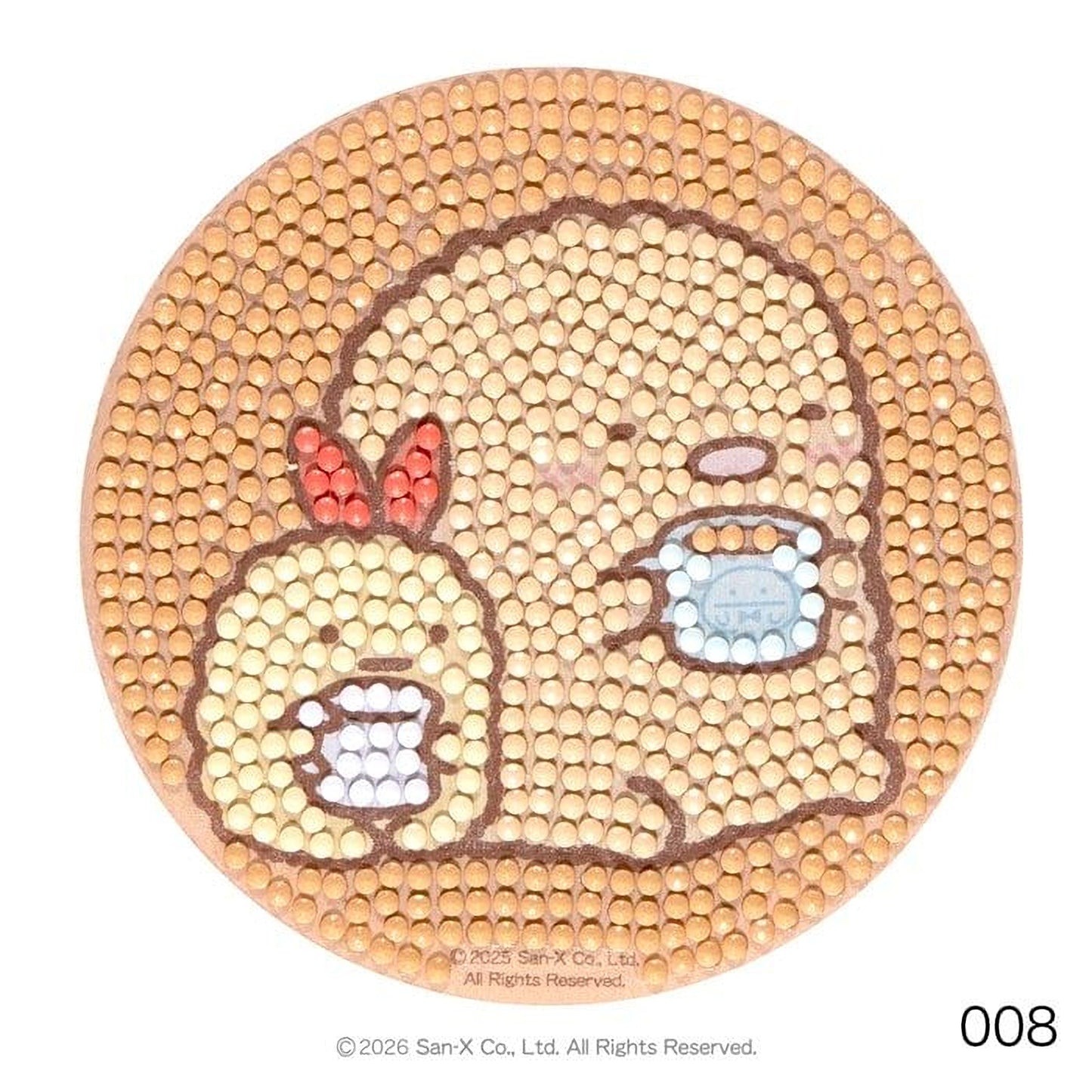A circular design featuring two cute, cartoon-like characters with a beige background and a pattern of small dots or circles.