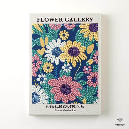 The image is a canvas print of a vibrant floral pattern, featuring a variety of colorful flowers and leaves. The text "FLOWER GALLERY" is displayed at the top, and "MELBOURNE Botanical collection" is written at the bottom, indicating the location or theme of the artwork.