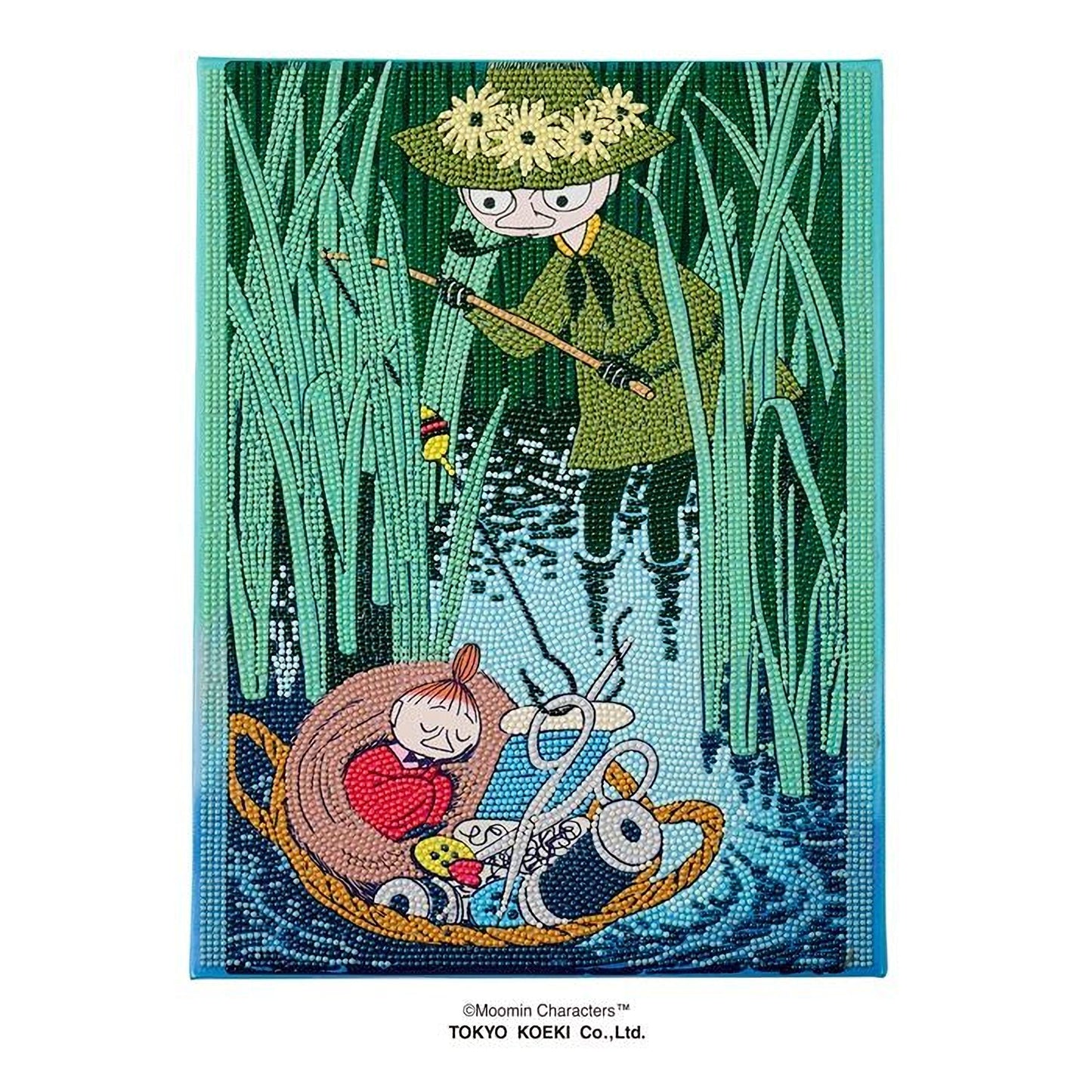 The image is a colorful, hand-painted mosaic depicting a whimsical scene with a character in a hat and a green outfit fishing in a body of water, surrounded by tall grass and flowers.