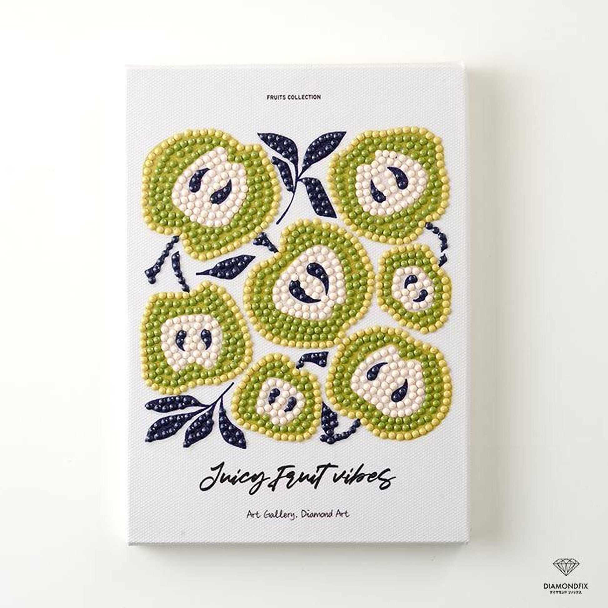 The image is a collage of various images, including a close-up of a pattern of green and white dots resembling fruit, such as kiwi or pineapple, and leaves.