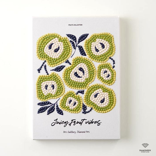 The image is a collage of various images, including a close-up of a pattern of green and white dots resembling fruit, such as kiwi or pineapple, and leaves.
