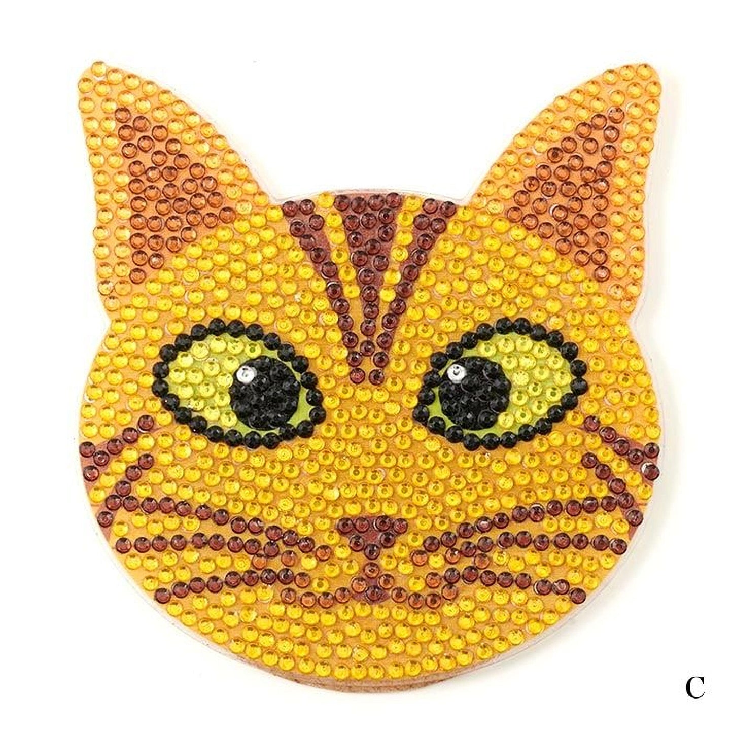 A cat-shaped object made of small, colorful beads or sequins, with large yellow eyes and black stripes.
