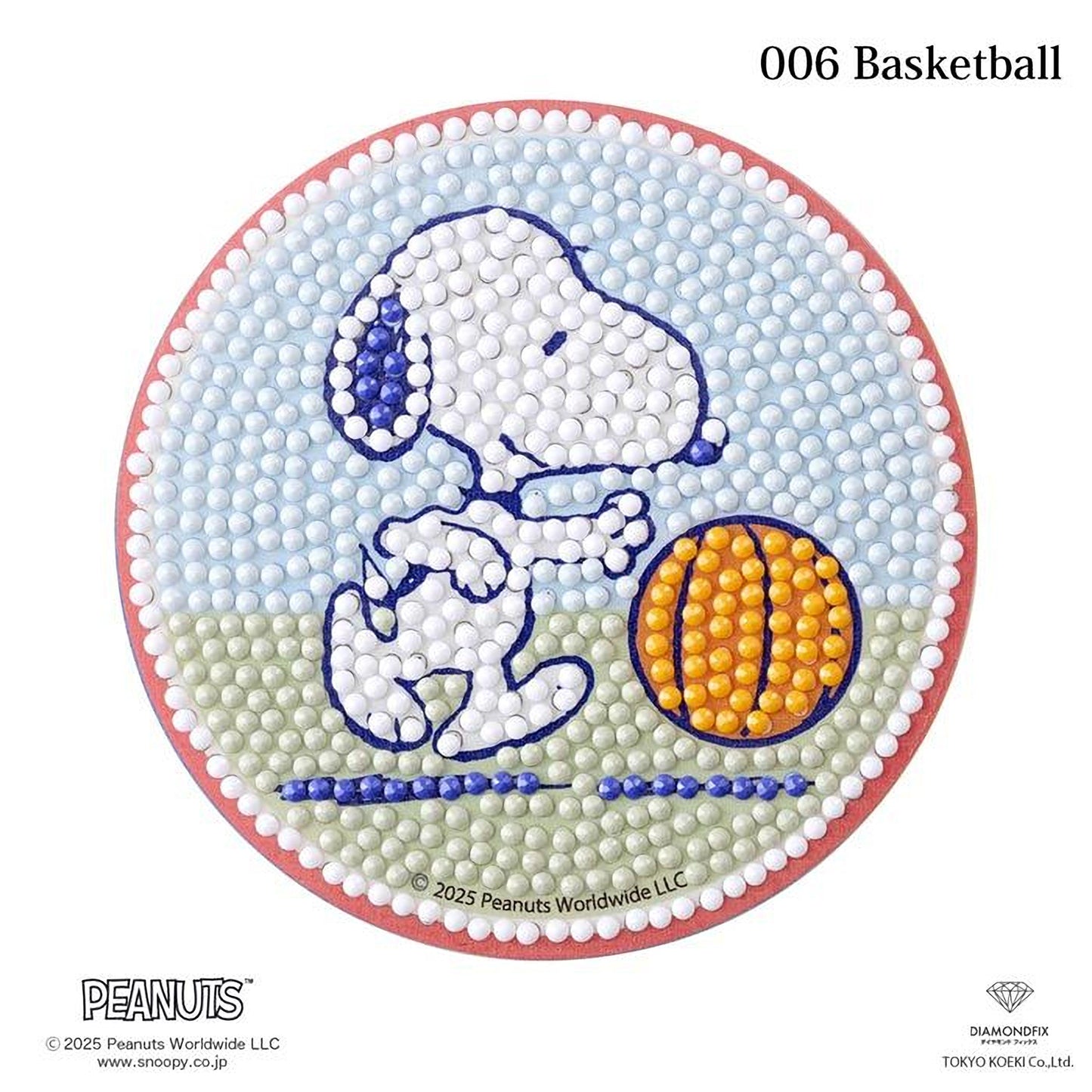 A circular design featuring a cartoon character, likely a Peanuts character, holding a basketball. The design is composed of small beads or dots, creating a colorful and playful appearance.