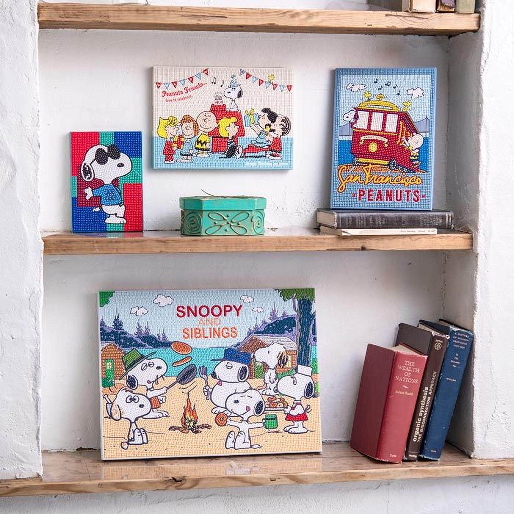 a shelf with various items, including a framed picture of the Peanuts characters, a book titled "SNOPY SIBLINGS", and a collection of books.