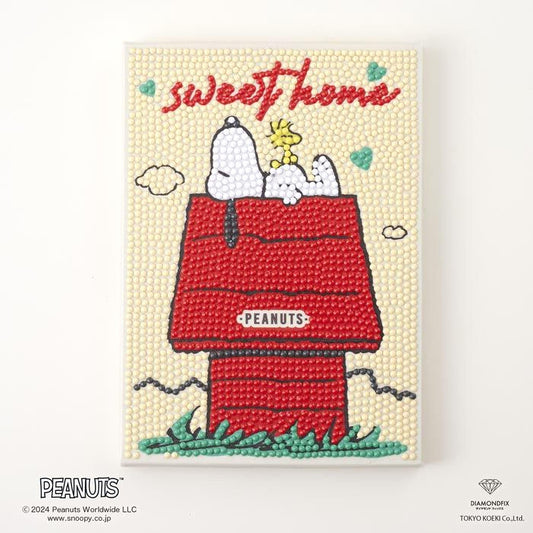 The image is a collage of various images depicting the characters from the Peanuts comic strip, including Snoopy and Woodstock, sitting on a red house.
