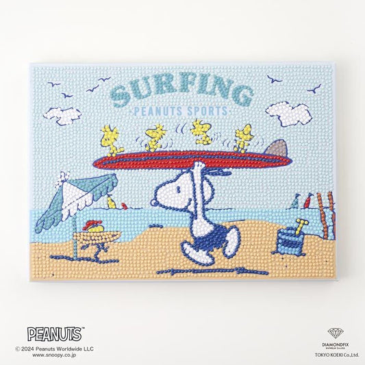 A cartoon image of a character holding a surfboard, with the text "Surfing Peanuts Sports" and a beach scene with other characters and objects.