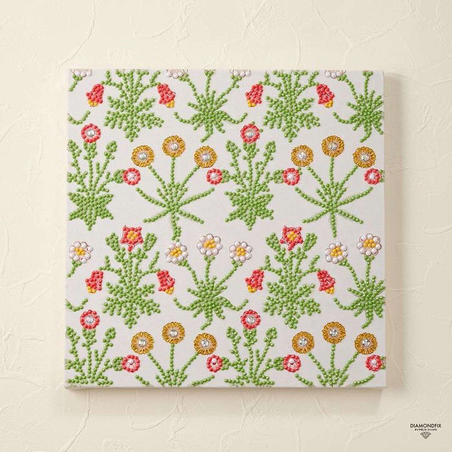 The image is a square canvas with a repeating pattern of green plants and flowers, including daisies and sunflowers, against a white background.