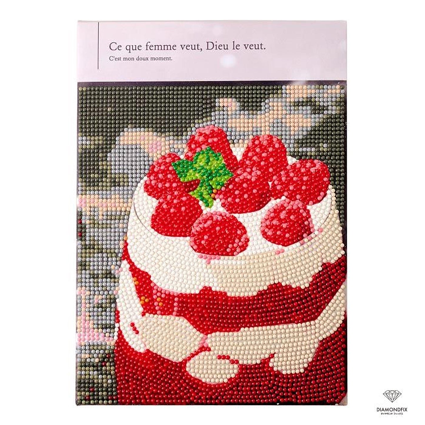 The image is a diamond-encrusted embroidery depicting a cake with strawberries on top.