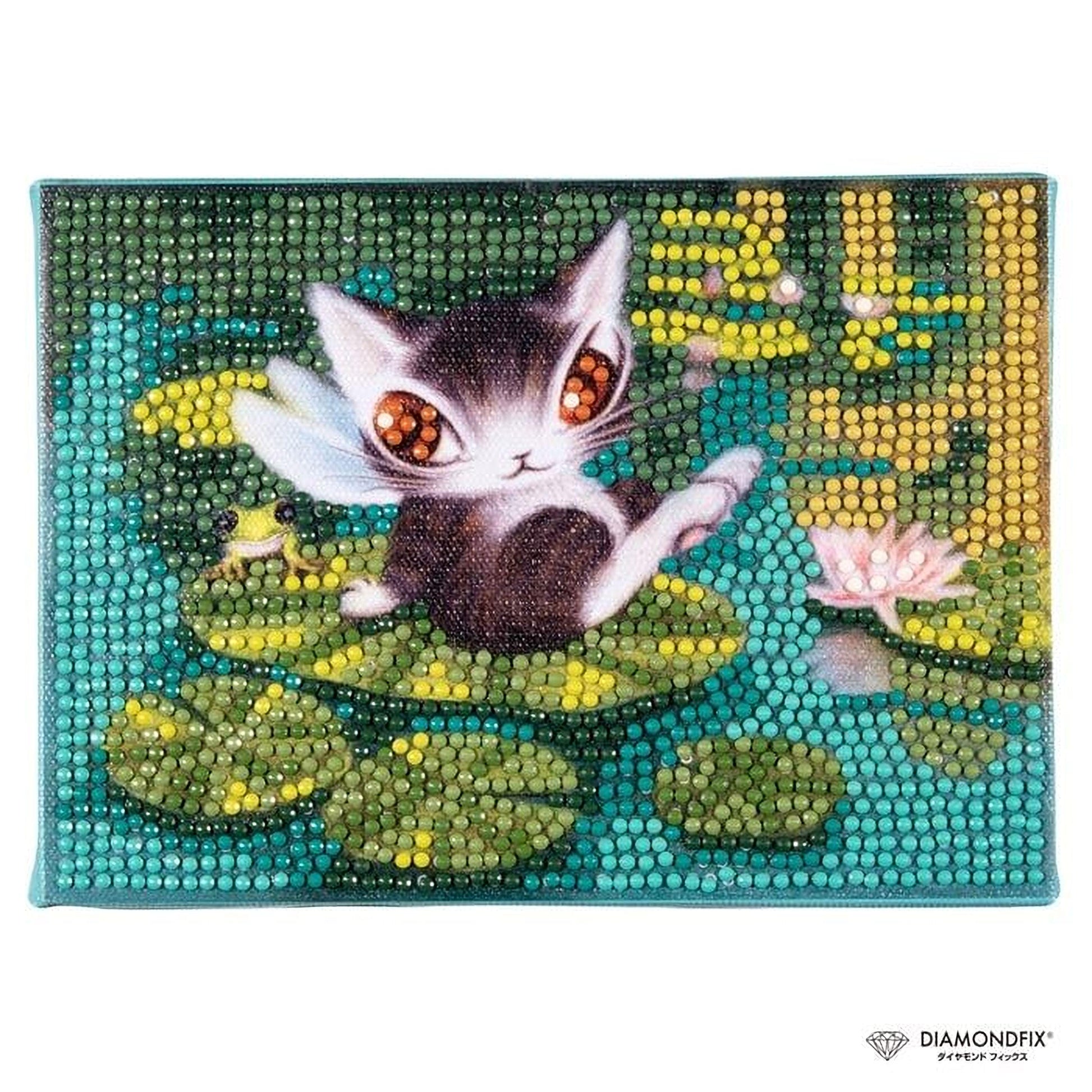 A diamond-studded embroidered bag featuring a whimsical scene of a cat sitting on a lily pad, surrounded by a pond and flowers.