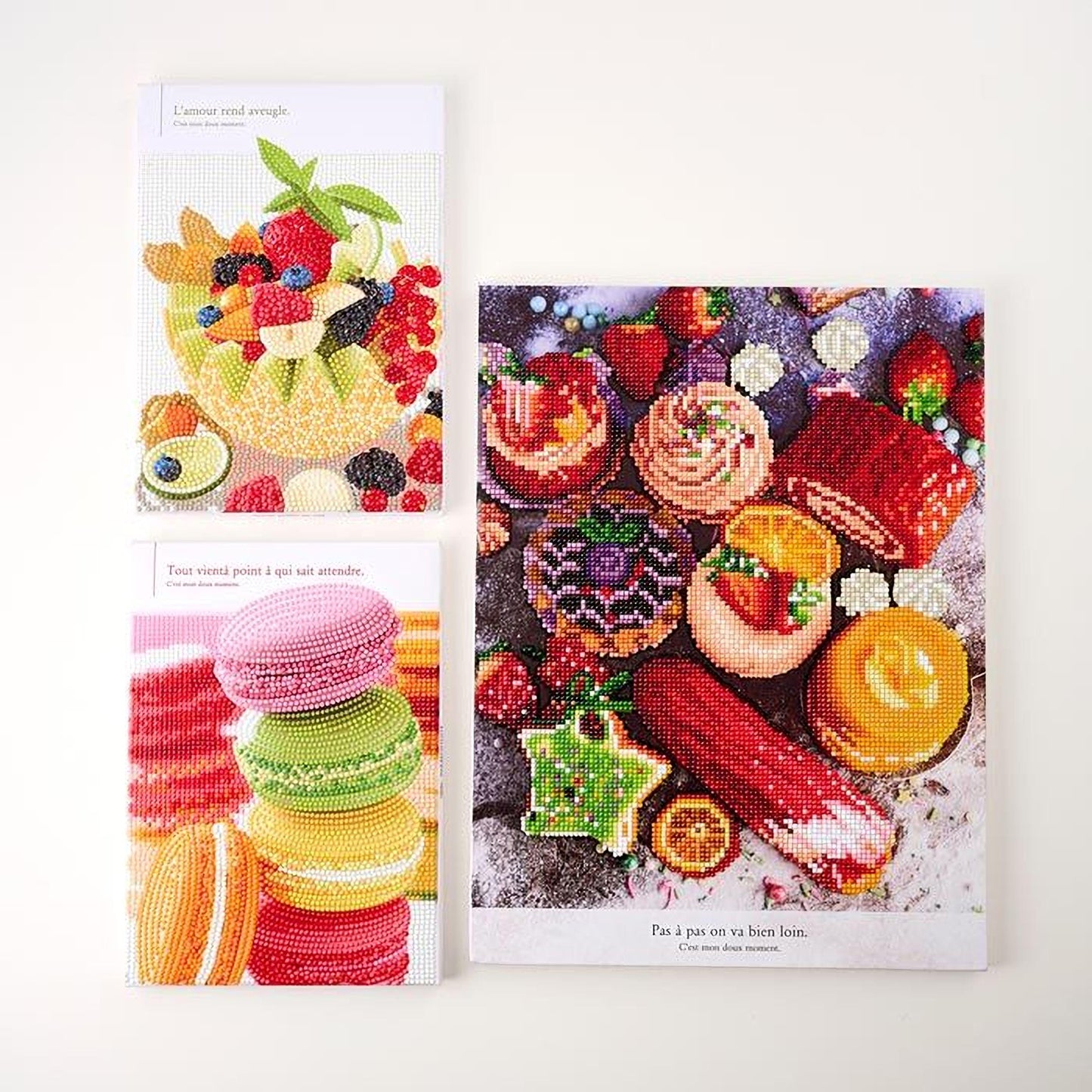 three different images of various desserts, including macarons, cakes, and fruits.