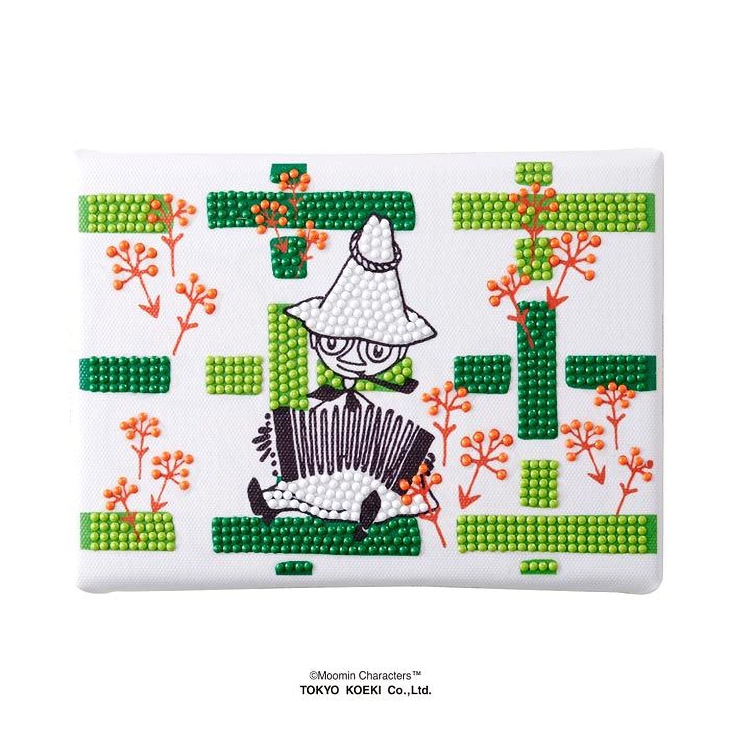 The image is a white wallet or card holder decorated with a playful, cartoonish character wearing a hat and holding a cane. The background features a pattern of green and orange shapes, creating a vibrant and whimsical design.