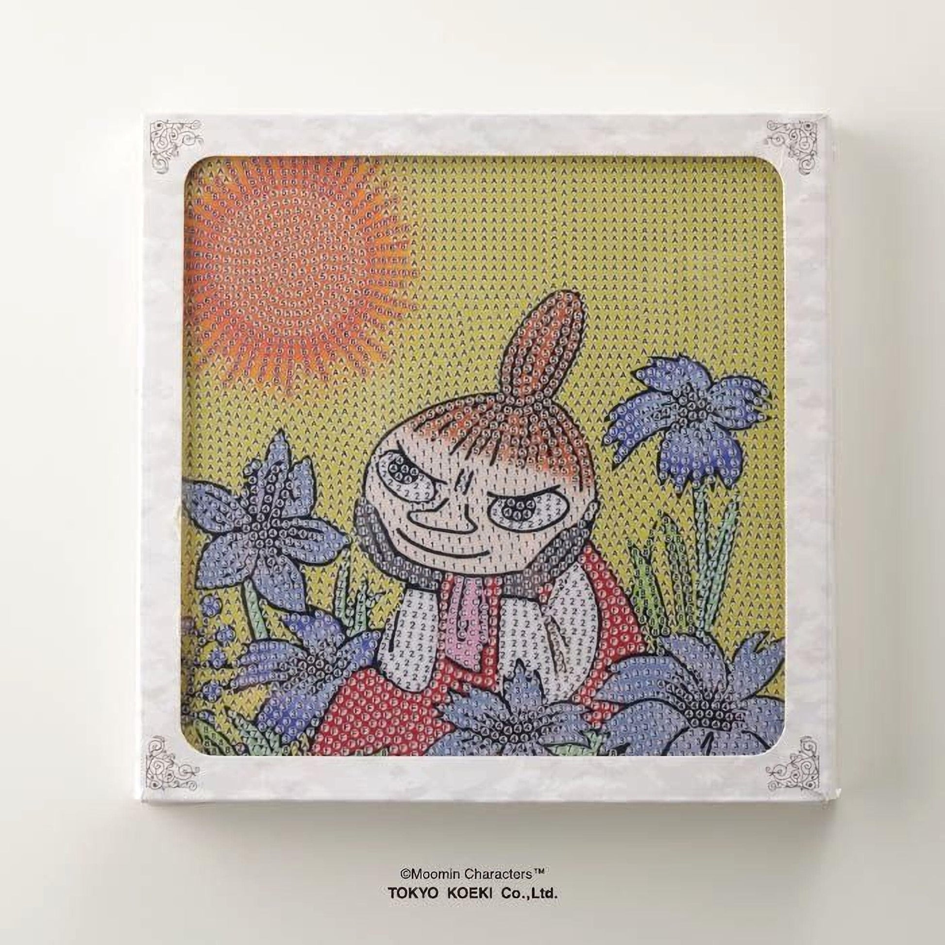 The image is a framed artwork depicting a cartoon character with a red dress and a flower in her hair, set against a yellow background with a sun and flowers.