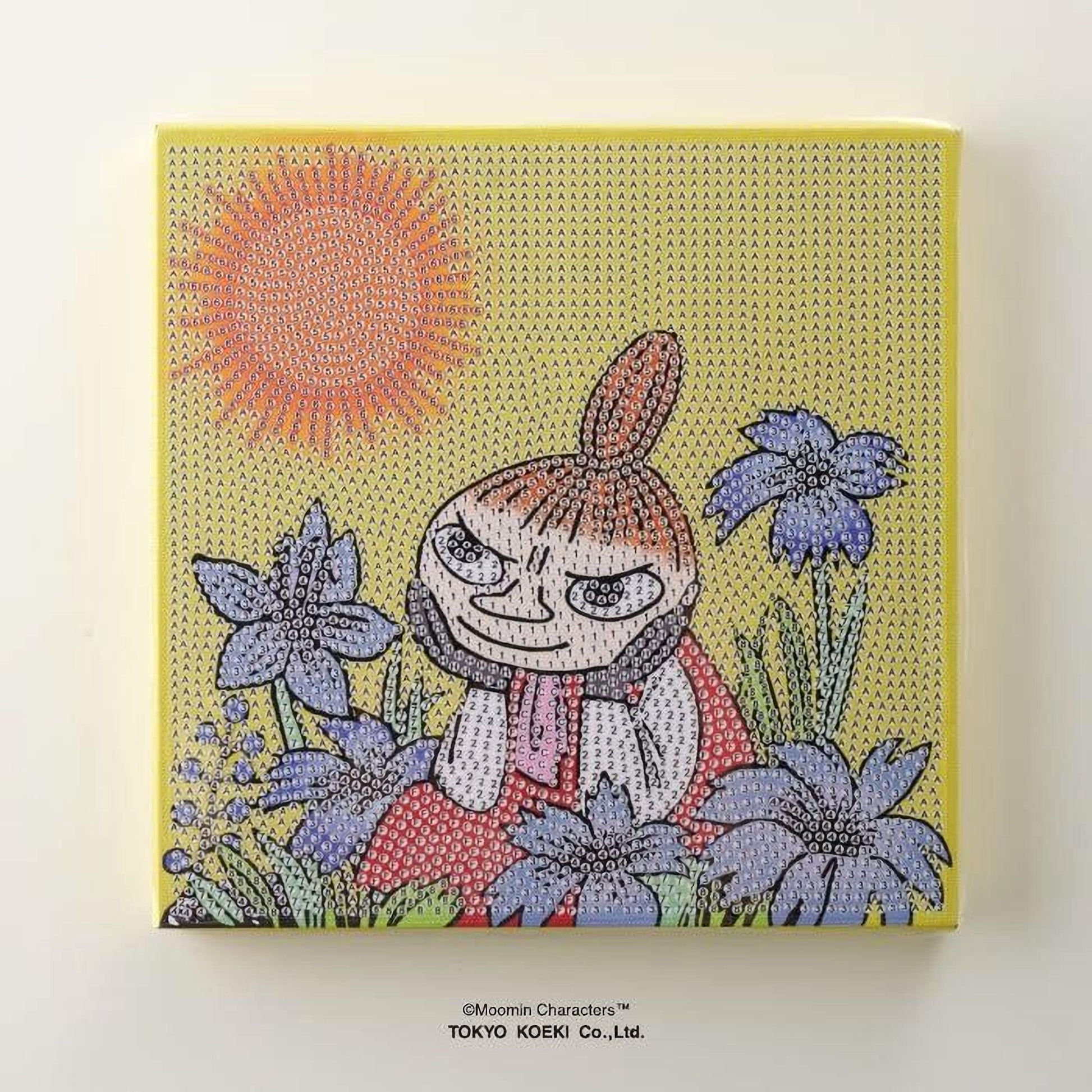 The image is a vibrant and whimsical illustration featuring a cartoon character surrounded by a variety of colorful flowers and plants.