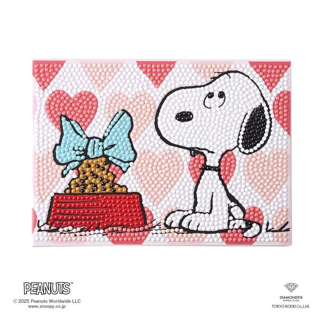 A collage of two images featuring the character Snoopy, a beloved Peanuts character, sitting on the ground with a red bow on his head.