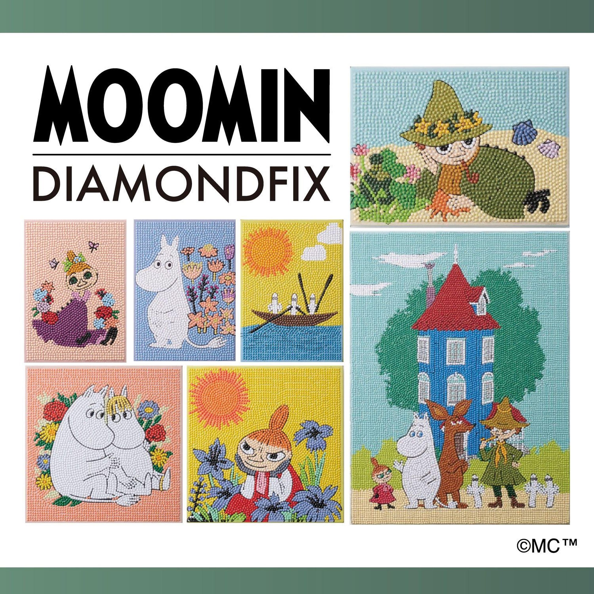 The image is a collage of various cartoon-style illustrations, including characters and scenes from the Moomin franchise.