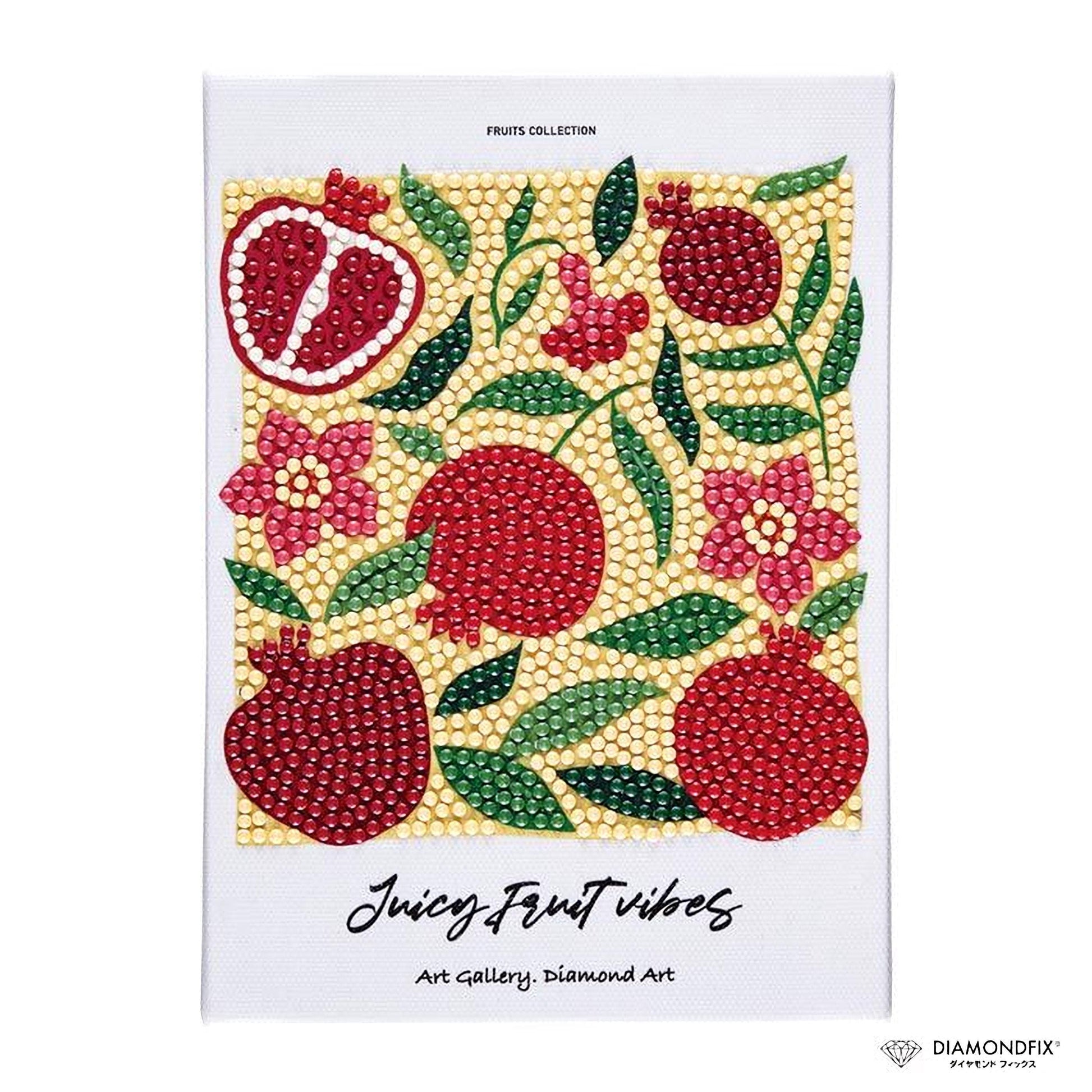 The image is a collage of various fruits and flowers, including pomegranates, apples, and other colorful elements, arranged in a visually appealing manner.