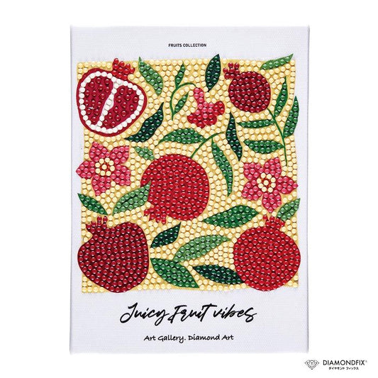The image is a collage of various fruits and flowers, including pomegranates, apples, and other colorful elements, arranged in a visually appealing manner.