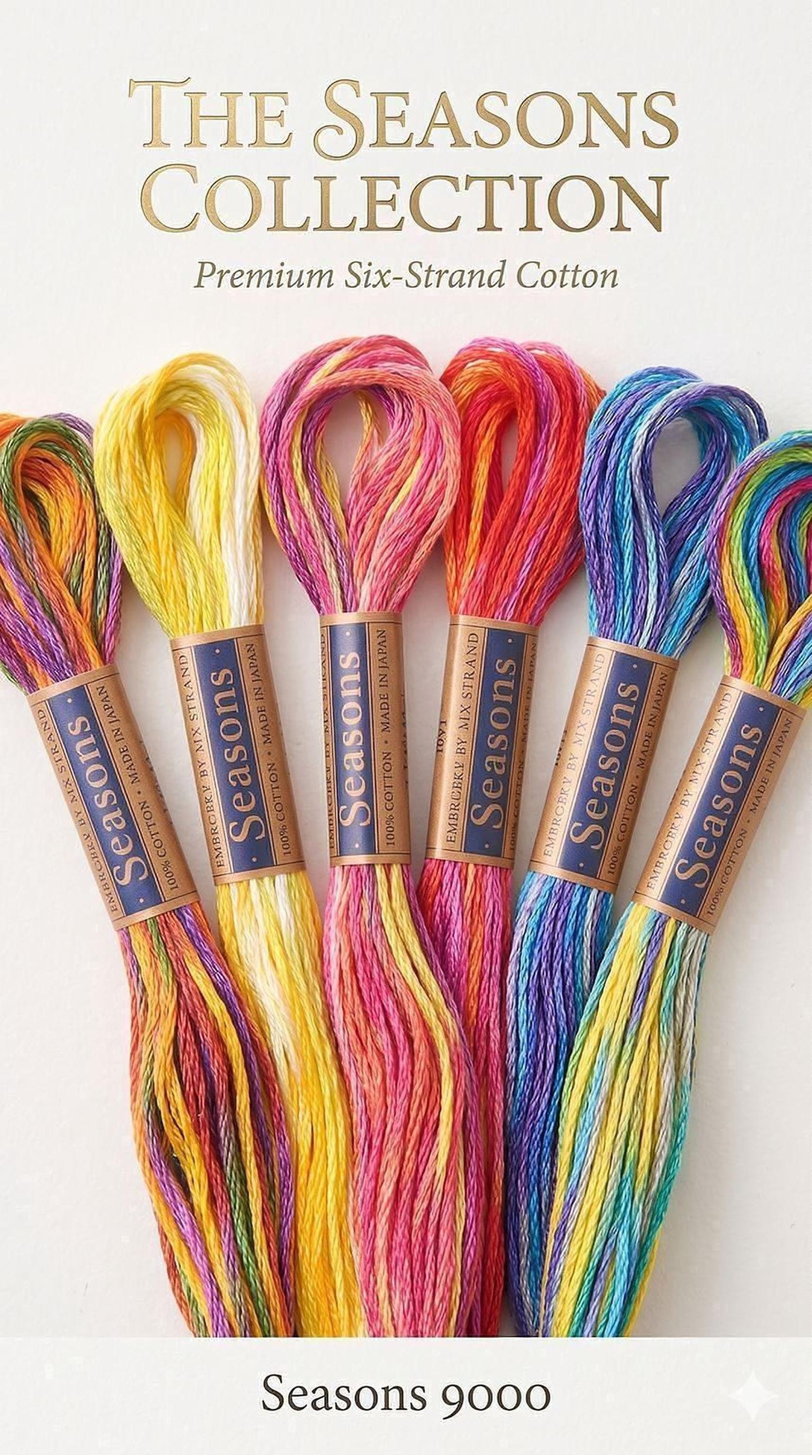 a collection of six different colored threads, each with a label that reads "Seasons", indicating that they are part of a seasonal cotton thread collection.