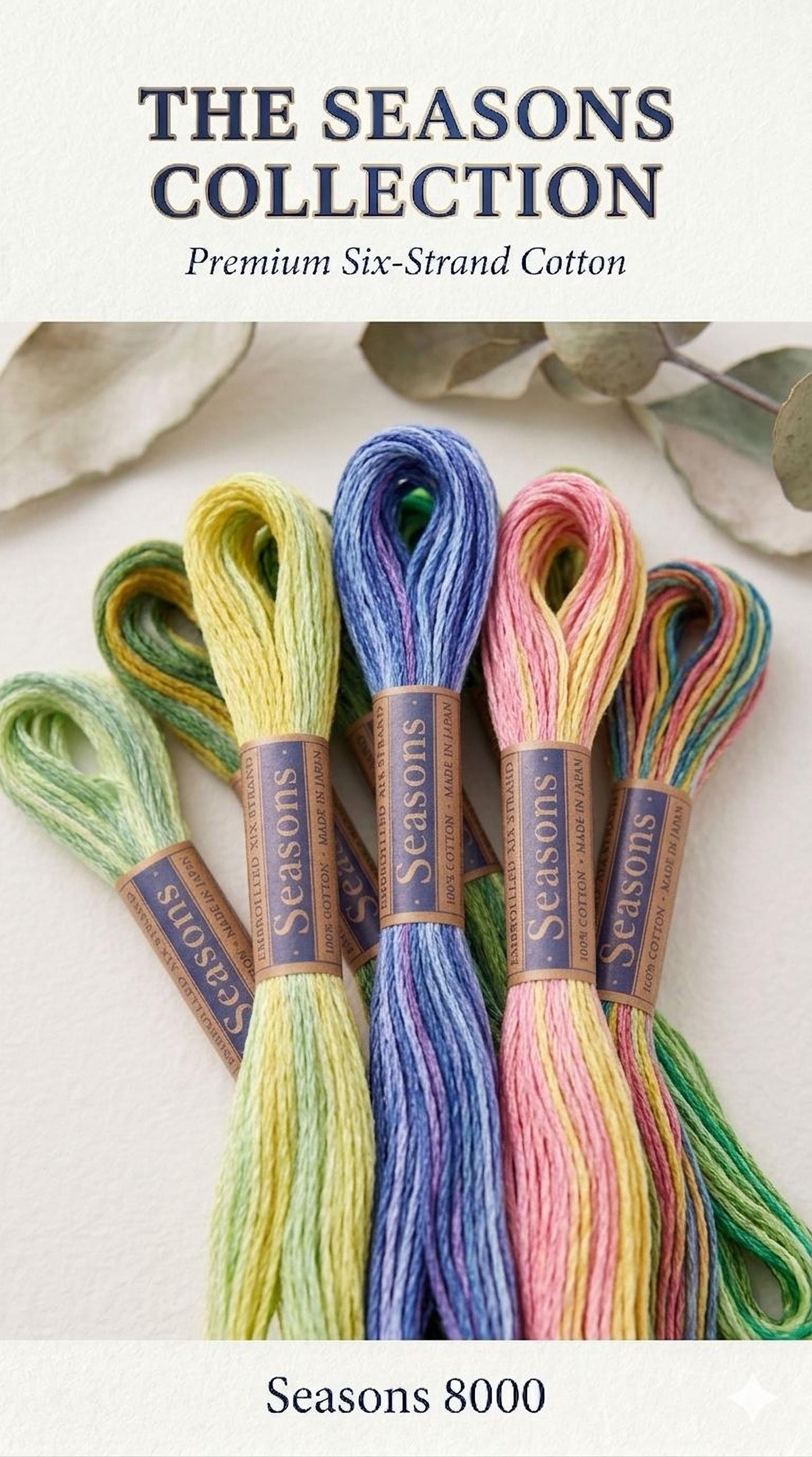 a collection of six different colored threads, each with a label that reads "Seasons", indicating that they are part of a seasonal cotton thread collection.