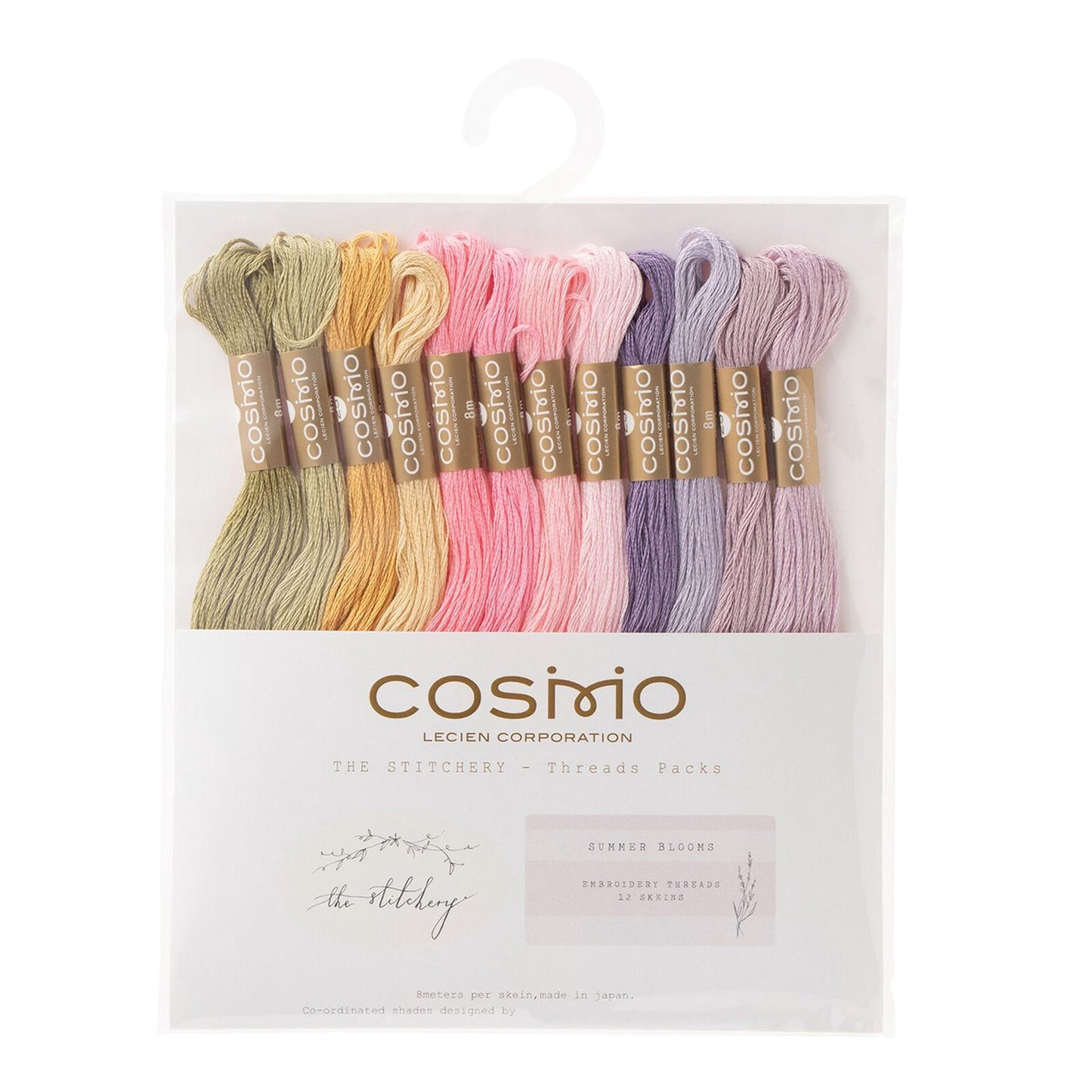 a package of thread in a clear plastic bag, containing a variety of colors including green, pink, purple, and lavender. The package is labeled as a "SUMMER BLOOMS" embroidery thread set from the "LECIEN CORPORATION" and includes a "THE STITCHERY" label.