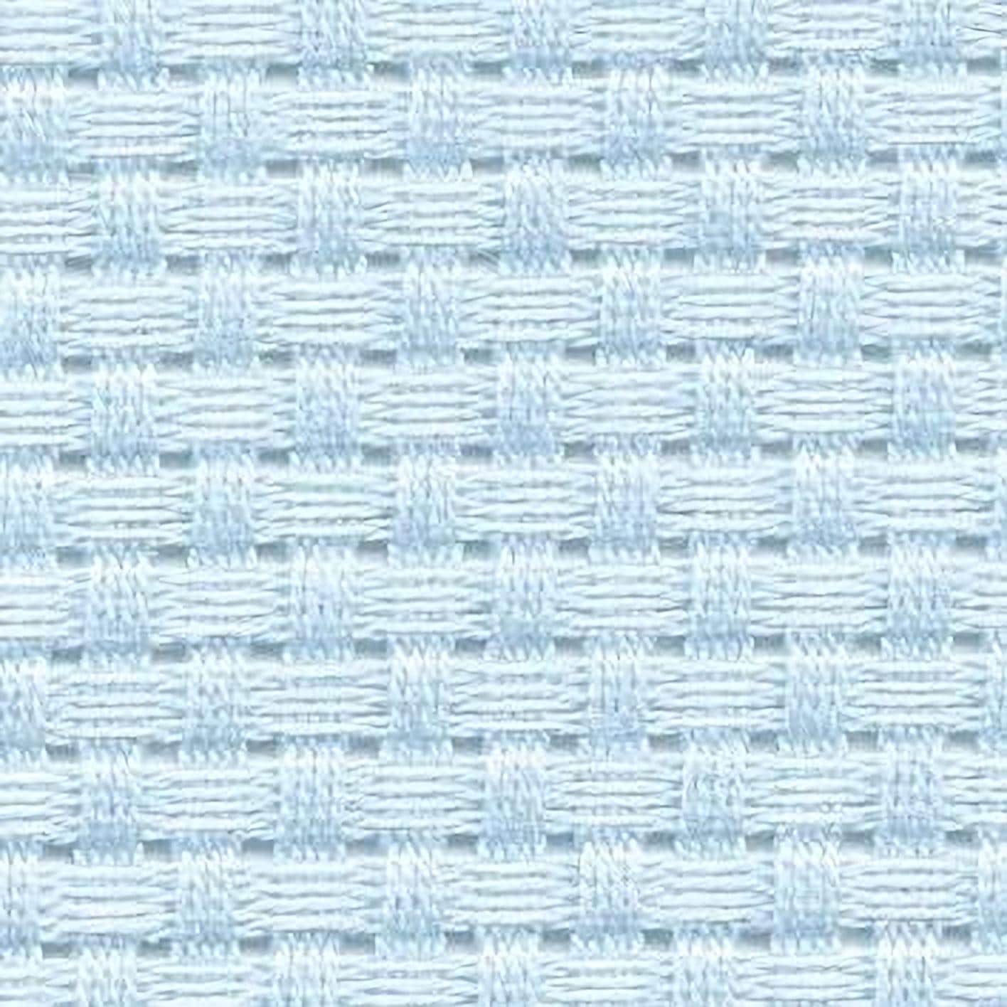 a close-up view of a light blue woven fabric with a repeating pattern of small squares or rectangles.