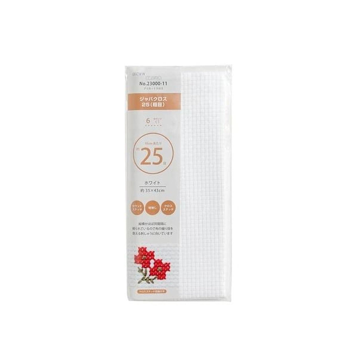 a package of a product, likely a white fabric or material, with a floral design on the side.