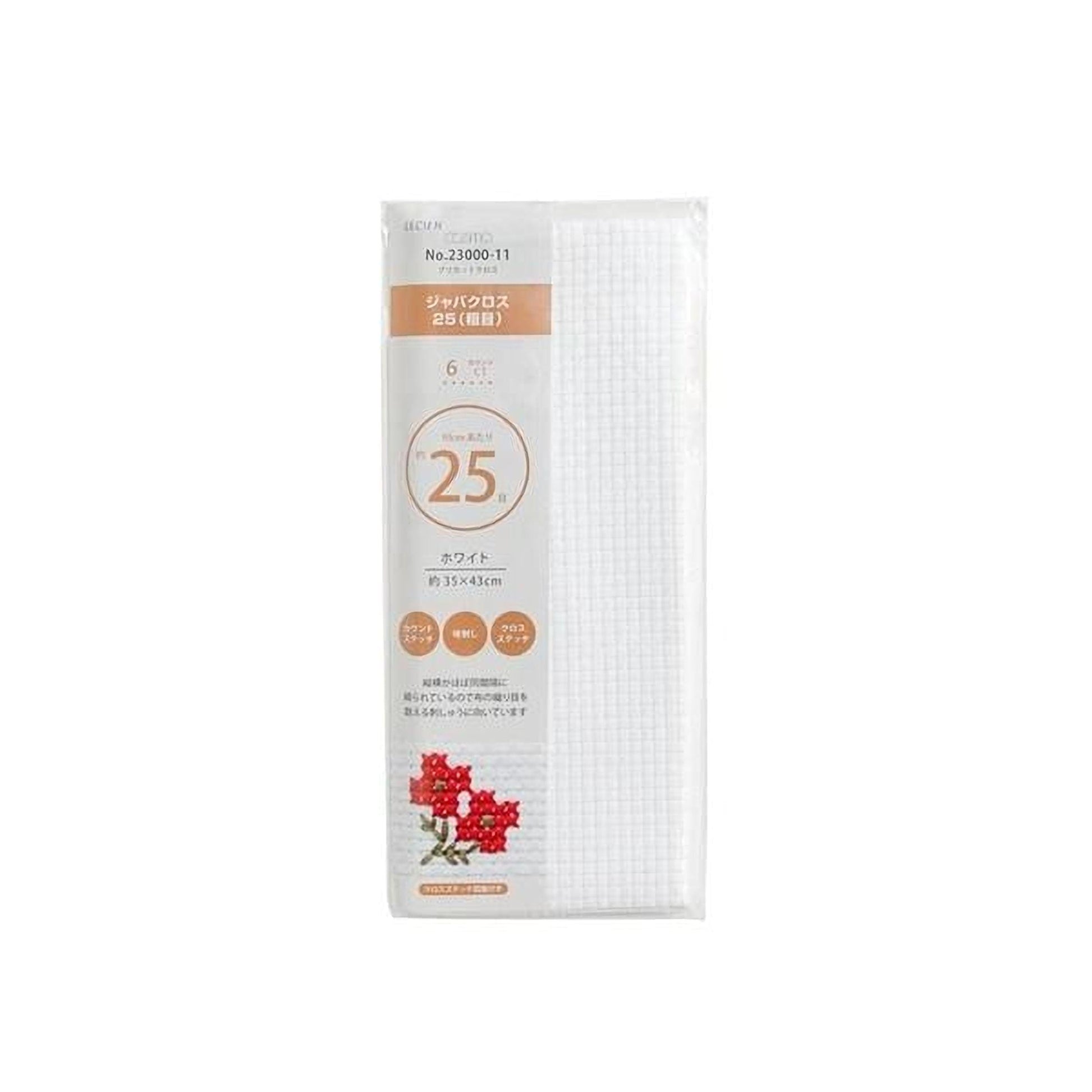 a package of a product, likely a white fabric or material, with a floral design on the side.